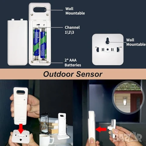 Метеорологична станция, 3 безж. предавателя, обхват 60м, LCD екран, снимка 5 - Друга електроника - 51033365