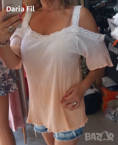 Блуза/риза с отворени рамене и дантела около тях в преливащи цветове , снимка 1