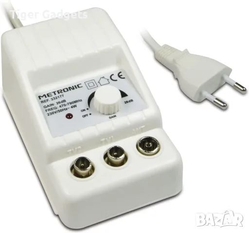 Metronic 332187 Усилвател за TV антена 24 dB – 2 изхода, FM/VHF/UHF, 4G/5G филтър, снимка 2 - Приемници и антени - 56081798