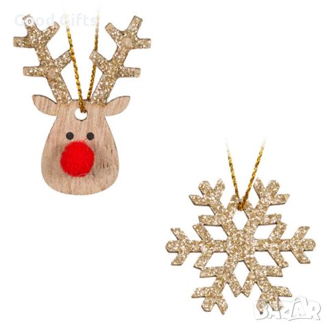 8 броя Комплект Дървени Снежинки и Елени с блясък, 4 см, снимка 2 - Други стоки за дома - 42690100