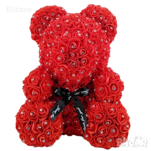 Луксозно мече от рози покрито с блестящи камъчета в елегантна подаръчна кутия, снимка 4 - Романтични подаръци - 52745106