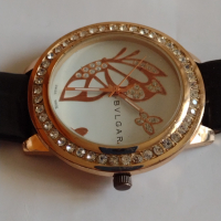 Красив дамски часовник BVLGARI с кристали Сваровски кожена каишка - 15283, снимка 3 - Дамски - 36194479