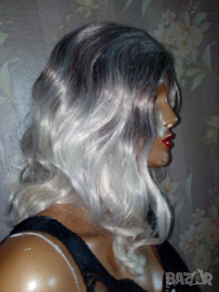 Нова перука омбре -тъмносиво към платинено русо - средна дължина, снимка 1