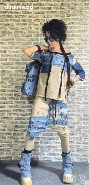 Страхотен дамски сет в бежаво дънки потури и блуза с деним!, снимка 1