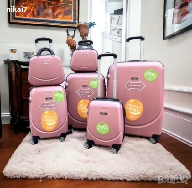 пътнически куфар комплект 6бр 100% ABS+разширение 5см/4 колела 360°, снимка 1