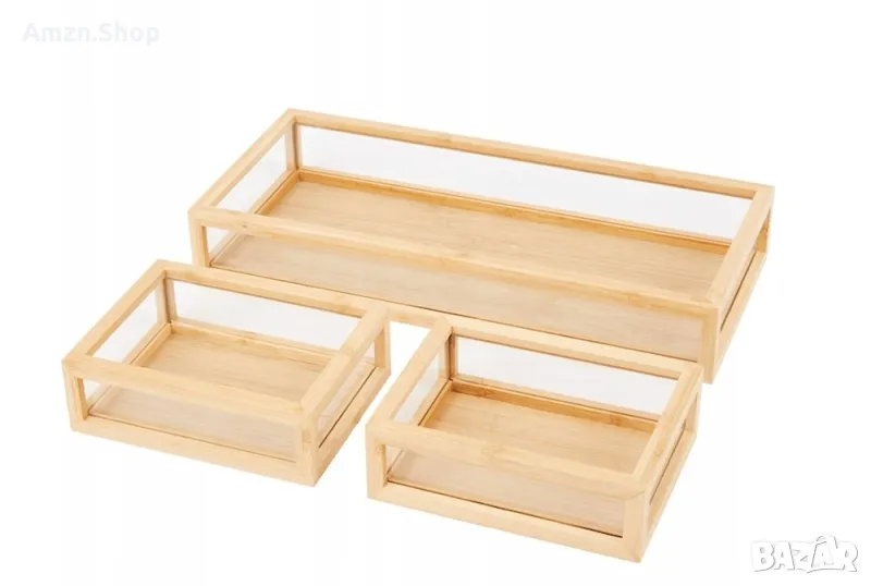 Комплект от 3 бамбукови кутии органайзери естествен бамбук / стъкло  , контейнери за съхранение, снимка 1