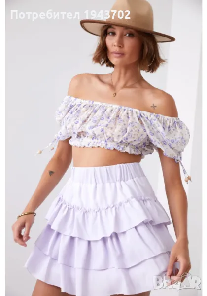 Къса дамска пола с волани в лилав цвят 40130, снимка 1