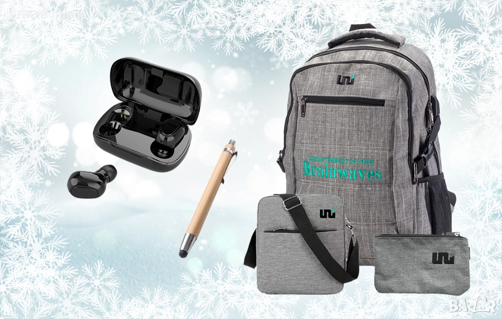 Раница с USB, слушалки L21 и бамбуков химикал - ЗИМНА ПРОМОЦИЯ, снимка 1