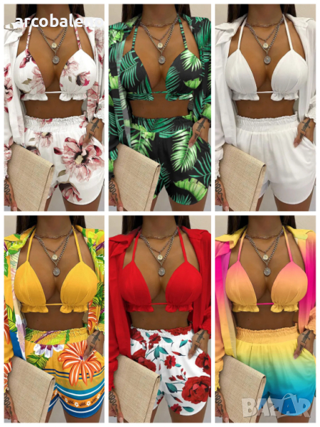 Секси щампована риза с дълги ръкави и шорти от три части, 6цвята , снимка 1