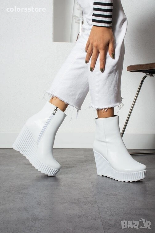 Боти на платформа - бяла кожа - BNP1, снимка 1