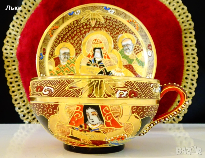 Чаша с чиния японски порцелан Satsuma,злато. , снимка 1