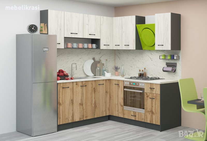 Модулна ъглова кухня Верона 3 - плавно затваряне, 170+200 см, Пасифик бял крафт/Дъб вотан/Антрацит, снимка 1