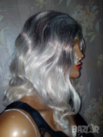 Нова перука омбре -тъмносиво към платинено русо - средна дължина, снимка 1