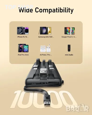 VEEKTOMX 10000mAh Power Bank с вградени кабели за iPhone/Android,тънка/бързо зареждане/USB-C, снимка 6 - Външни батерии - 49308594