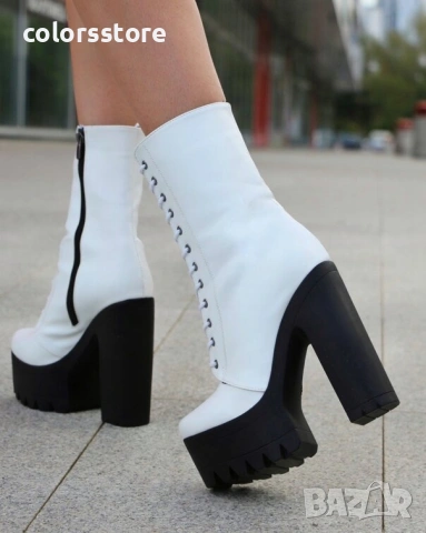 Боти на ток - бяла кожа с черно ходило - 592
