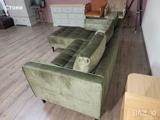Зелен ъглов диван от плат с лежанка, снимка 7 - Дивани и мека мебел - 53730855
