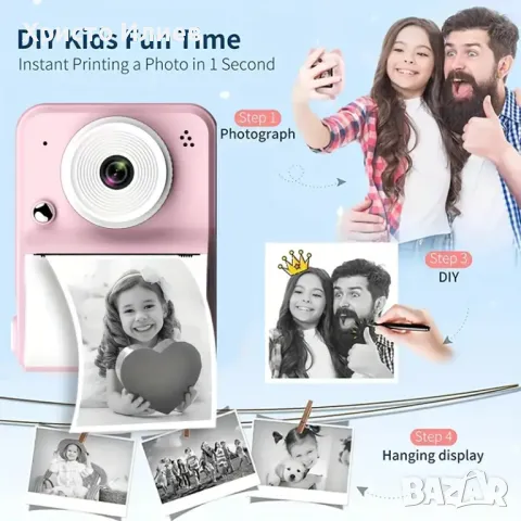Фотоапарат Моментална детска камера 1080P, Фотопринтер с много функции Син Розов Бял, снимка 13 - Друга електроника - 49805664