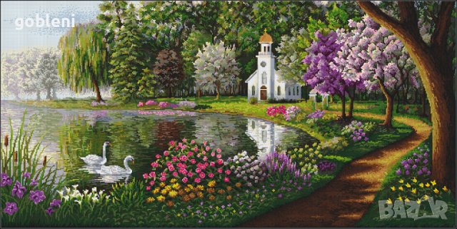 Гоблен  "ПАРАКЛИС КРАЙ ЕЗЕРОТО" Д 46; шев 1:1; размери/56*28/см.; 63 цвята; 77 лв., снимка 2 - Гоблени - 42272189