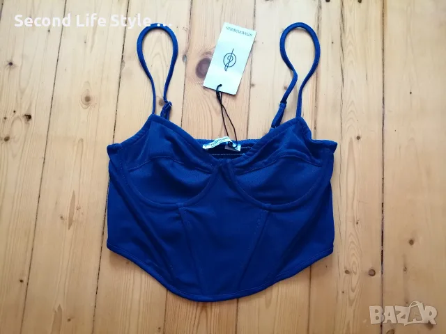 Stradivarius нов дамски топ бюстие корсет потник с банели, мрежеста материя в син цвят р-р S