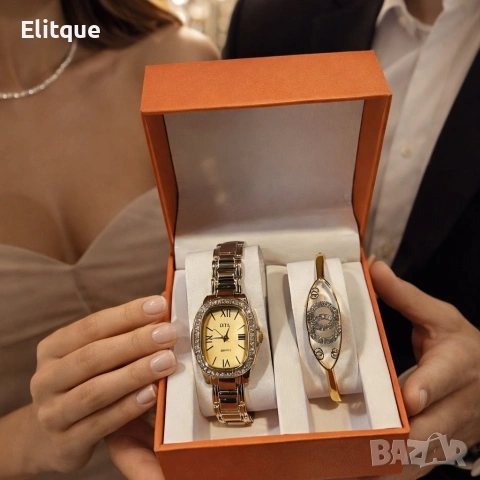 Луксозен дамски комплект: Елегантен часовник с кристали и стилна гривна в подаръчна кутия, снимка 6 - Гривни - 53501356