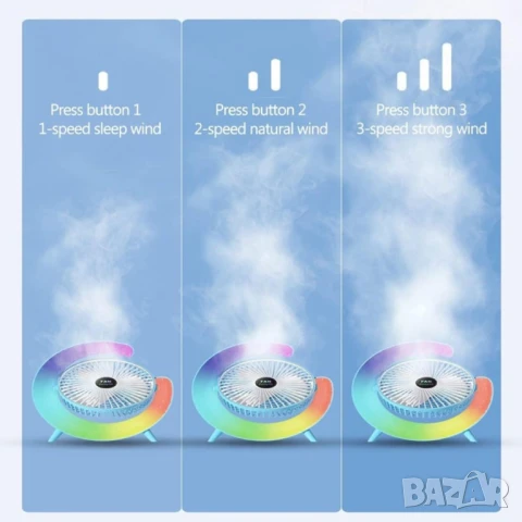 Мини настолен вентилатор с многоцветно осветление, RGB LED, USB, презареждащ се, снимка 3 - Вентилатори - 50960561