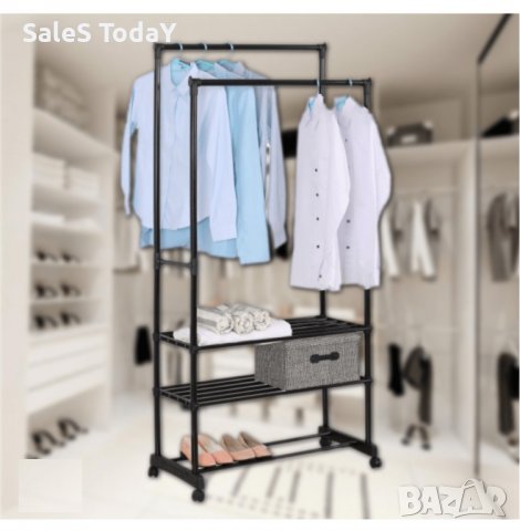 Закачалка за дрехи с колелца, 3 рафта, метални рафтове, Щендер, Дрешник, 78,5х39х165 см, снимка 2 - Етажерки - 39586916