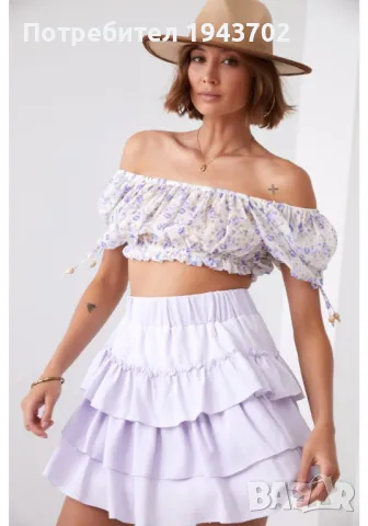 Къса дамска пола с волани в лилав цвят 40130, снимка 1