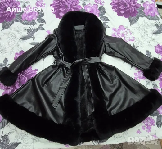 Дамско кожено яке, естествена кожа с богат еко пух. Размер L, снимка 4 - Якета - 48472943