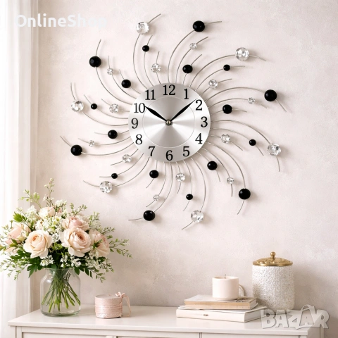 Стенен часовник с кристали , 50 см, Кварцов механизъм, Безшумен, снимка 4 - Декорация за дома - 53585357