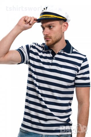 Нов мъжки комплект: моряшка блуза с яка и капитанска шапка, снимка 1 - Тениски - 29975171