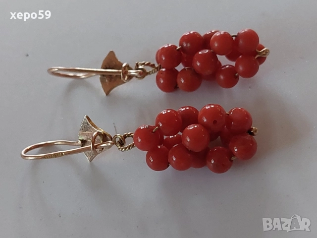 Дамски златни 18 каратови обеци с натурални корали, снимка 8 - Обеци - 52226472