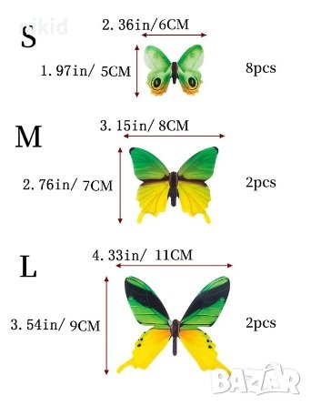 3D 12 бр pvc зелено жълти самозалепващи пеперуди декорация за стена и мебел , снимка 2 - Други - 42632553