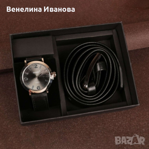 Подарен комплект Колан в черен цвят заедно с часовник кафяв/черен, снимка 3 - Подаръци за мъже - 44524366