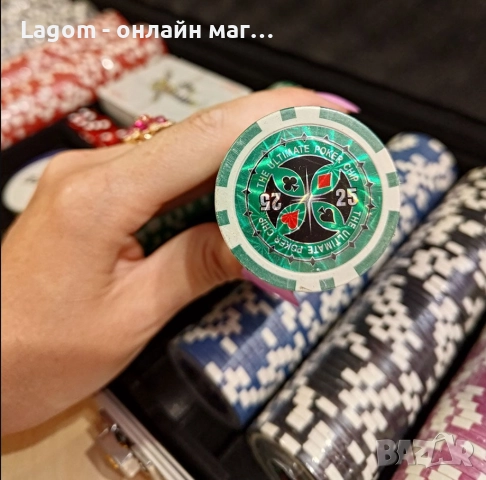 Премиум покер комплект Texas Holdem в алуминиев куфар, 500 казино чипа,  5 зара, зелено сукно, снимка 6 - Карти за игра - 52562335