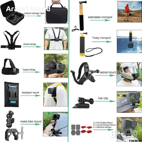 Gurmoir Action Camera Accessory Kit DT18 – 10 в 1 Комплект за GoPro, DJI Osmo Action и Insta360, снимка 2 - Чанти, стативи, аксесоари - 55786679