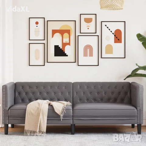 vidaXL Диван Chesterfield с 3 седящи места, сив, kunstnahast, снимка 2 - Дивани и мека мебел - 56147444