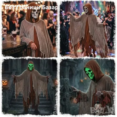Нов Grim Reaper костюм за Хелоуин маскарад парти карнавал с плащ качулка и страшна маска череп, снимка 9 - Костюми - 56208495