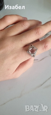 Пръстен с розов турмалин и диаманти, снимка 3 - Пръстени - 53592801