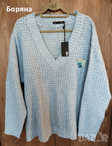 Нов син пуловер бранд 157 LEGER с брошка облак дъжд, снимка 3 - Блузи с дълъг ръкав и пуловери - 53501596