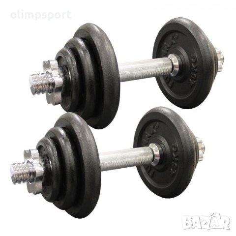 дълбели комплект  Материал диск: чугун  Материал лост: хром  Комплект: 2 х 10 кг