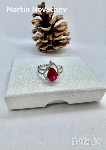 Сребърен пръстен със синтетичен рубин, снимка 12 - Пръстени - 53438219
