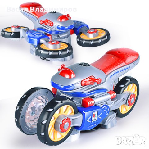 Каскадна, светеща играчка мотор, въртяща се на 360 градуса с подвижни гуми, снимка 2 - Музикални играчки - 42370724
