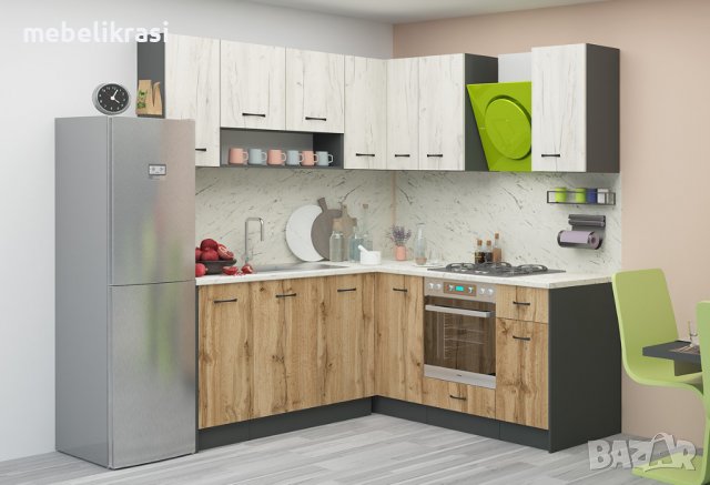 Модулна ъглова кухня Верона 3 - плавно затваряне, 170+200 см, Пасифик бял крафт/Дъб вотан/Антрацит