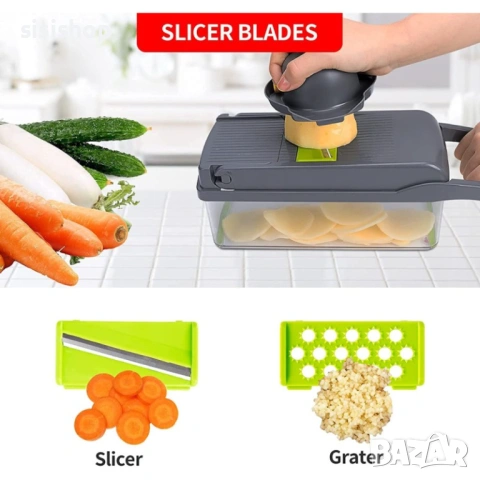 Кухненски помощник 14 в 1: Професионално ренде и слайсер 8 сменяеми остриета и дренажна кошница 3758, снимка 16 - Аксесоари за кухня - 53610885