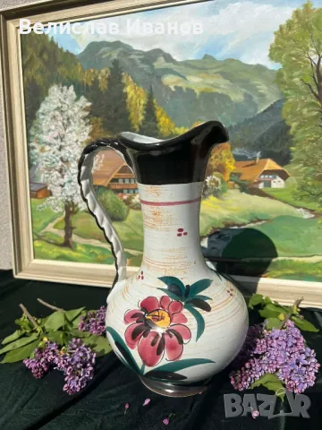 Керамична ваза от Италия с ръчно рисувани цветя. Отлично състояние., снимка 3 - Вази - 49972919