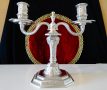 Френски готически двоен свещник от калай 1.5 кг. , снимка 1 - Антикварни и старинни предмети - 44620463