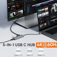 CableCreation USB-C Hub 4K 60Hz 5-в-1 USB C многопортов адаптер с HDMI и 3 USB 3.0 порта 100W мощнос, снимка 2 - Лаптоп аксесоари - 41717324