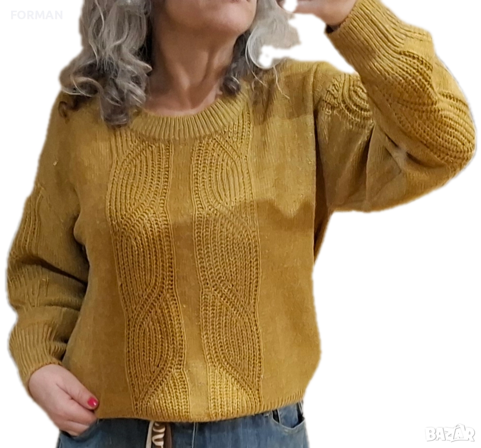 РАЗКОШЕН пуловер с плетеници в цвят горчица, снимка 1