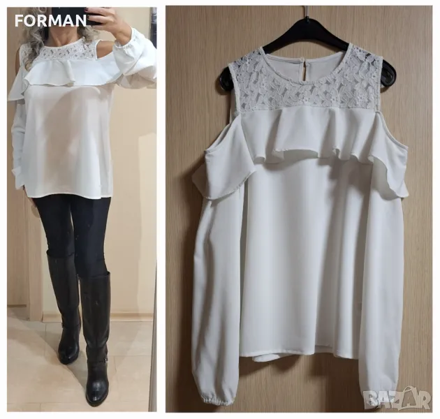 Бяла риза с отворени рамене и къдрички, снимка 1