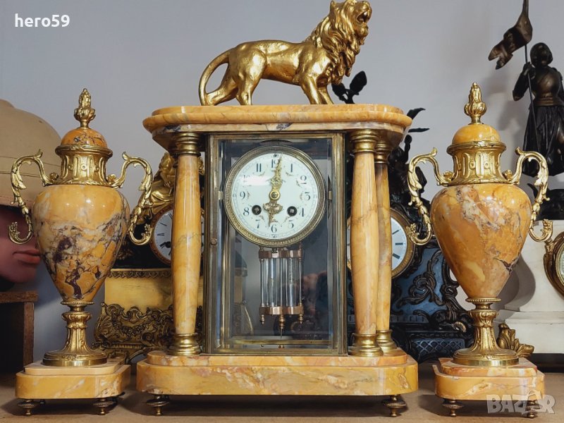 19 век-Портален френски каминен часовник-жълт мрамор и бронзов лъв, снимка 1